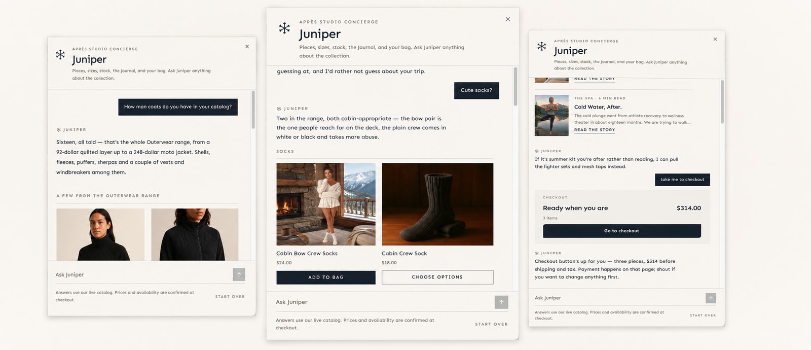 Three Juniper concierge interfaces showing catalog exploration, product discovery, and checkout